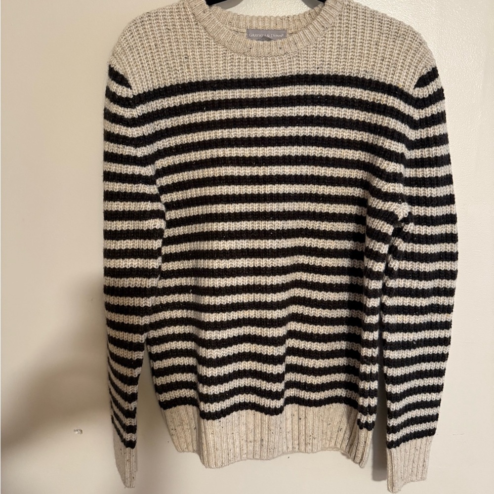 Men's Black and Cream Striped Crewneck Sweater- wool